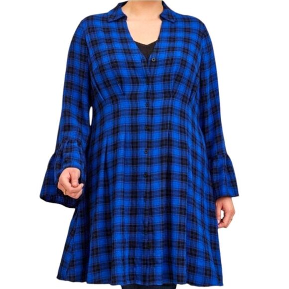 TORRID MINI GAUZE Long Bell Sleeve Royle Blue & Black Plaid Mini Dress 2X - Picture 4 of 14